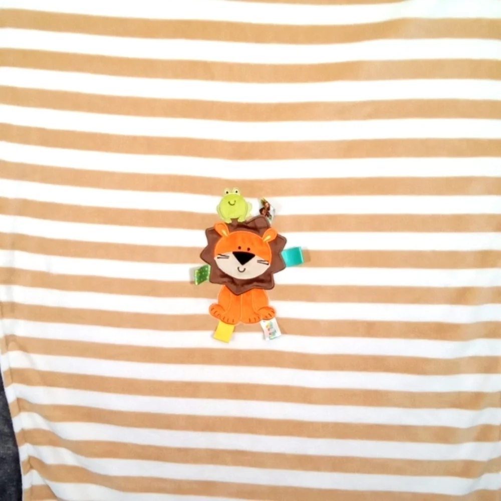 Taggies Baby Blanket Brown Tan Stripe Lion Frog Security Lovey Ribbons